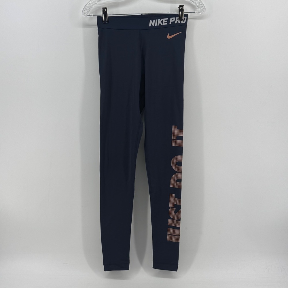 Nike Pro Dri-FIT Leggings Womens XS Navy Blue Rose Gold Just Do It